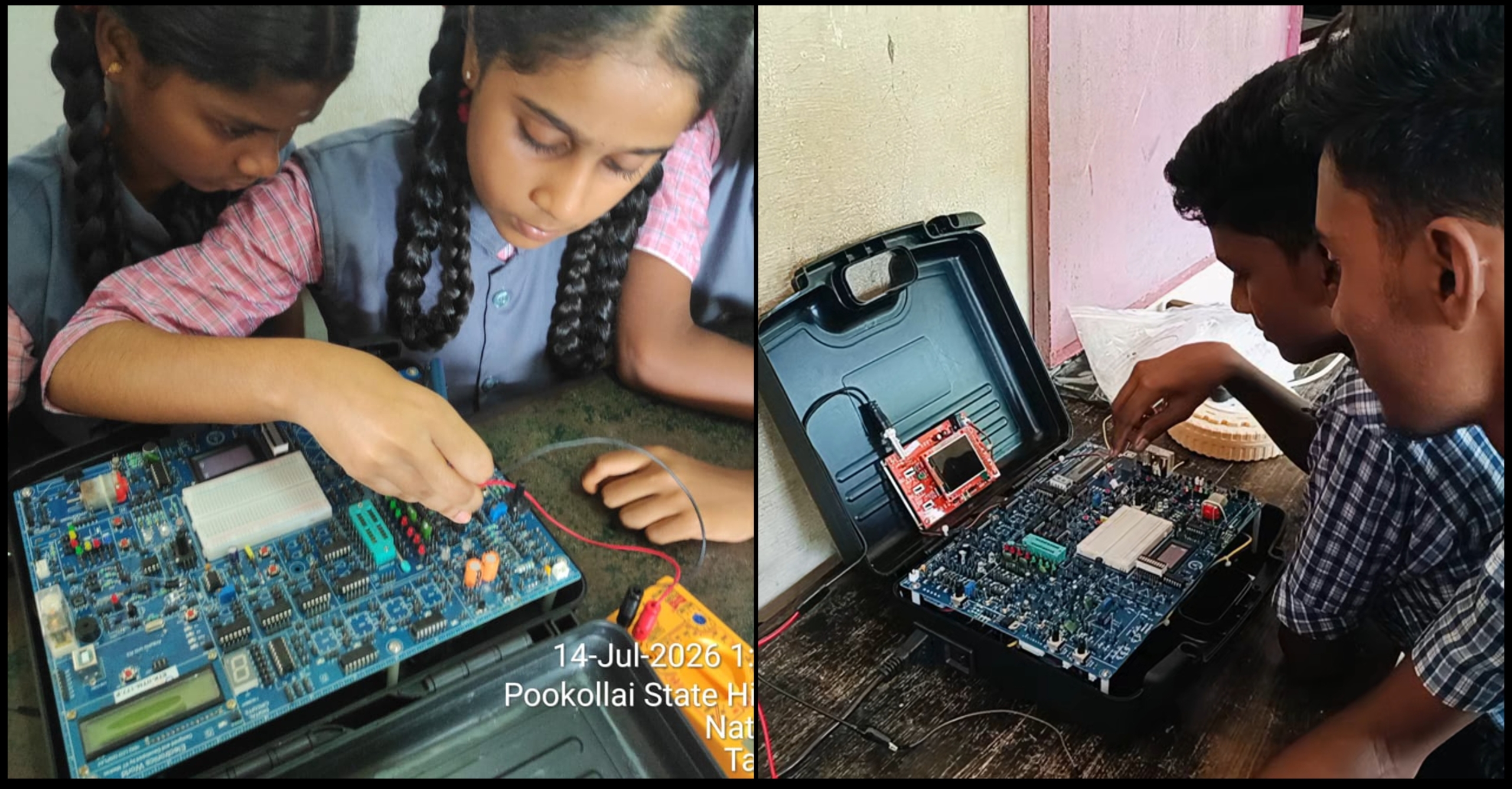 Students working with the IIT Madras electronics kit in a government school classroom